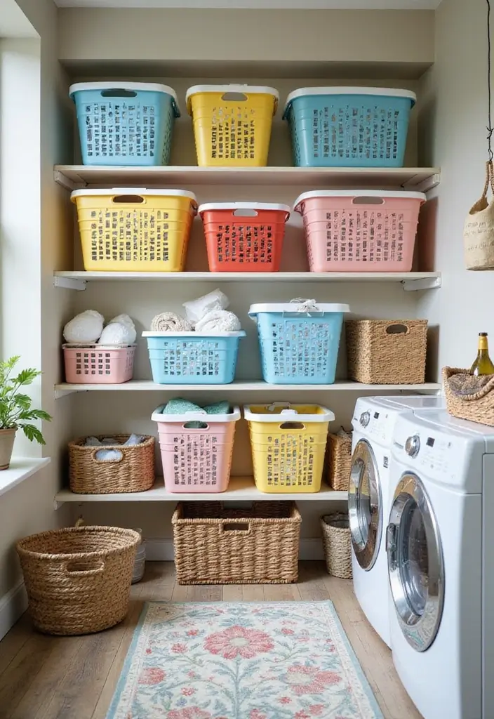 open shelves with colorful woven baskets and labeled storage bins