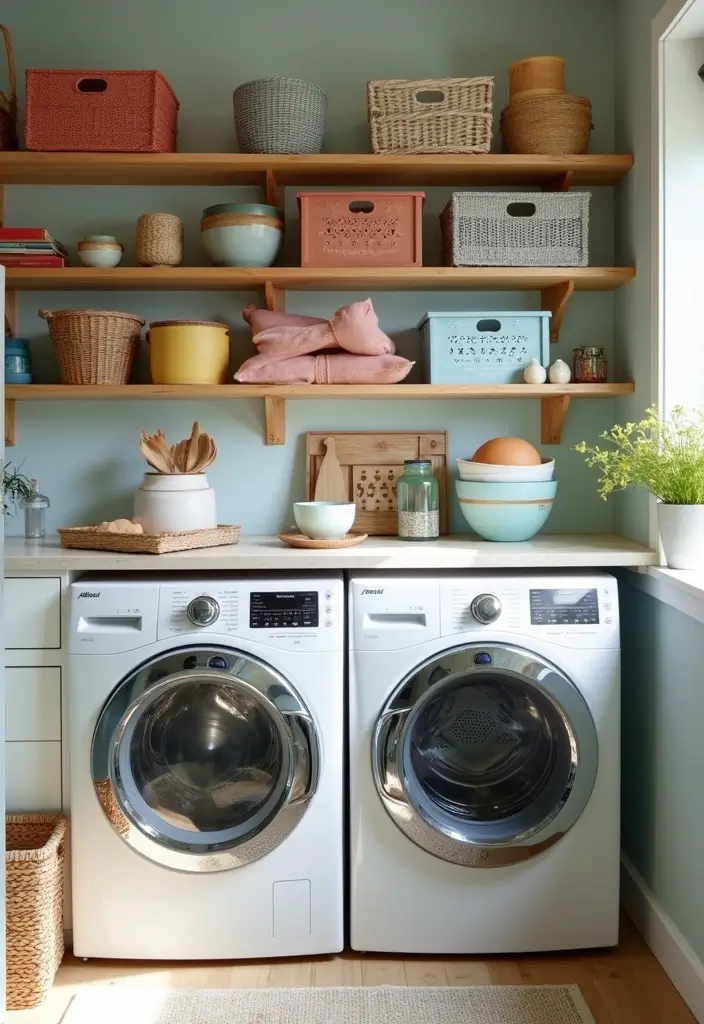 open wood shelves with baskets above washer dryer