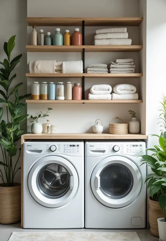 open wooden shelves above washer holding folded towels and clear jars