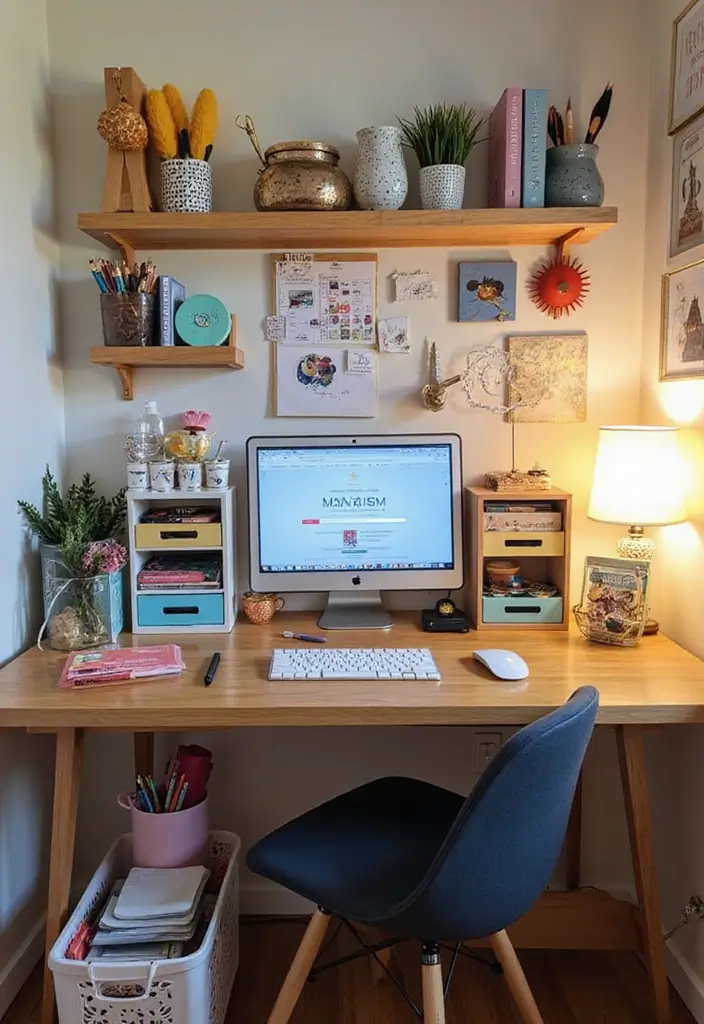 organized desk with lamp, plant, and matching organizers