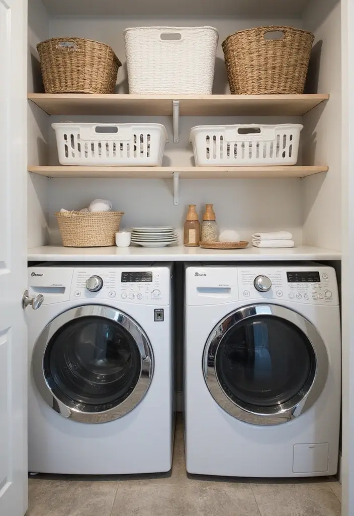 organized sorting bins and folding counter with labeled baskets
