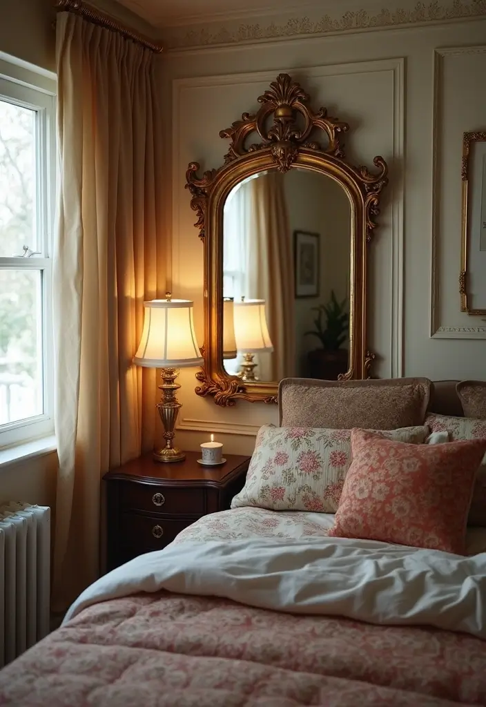 ornate antique mirror above dresser reflecting light
