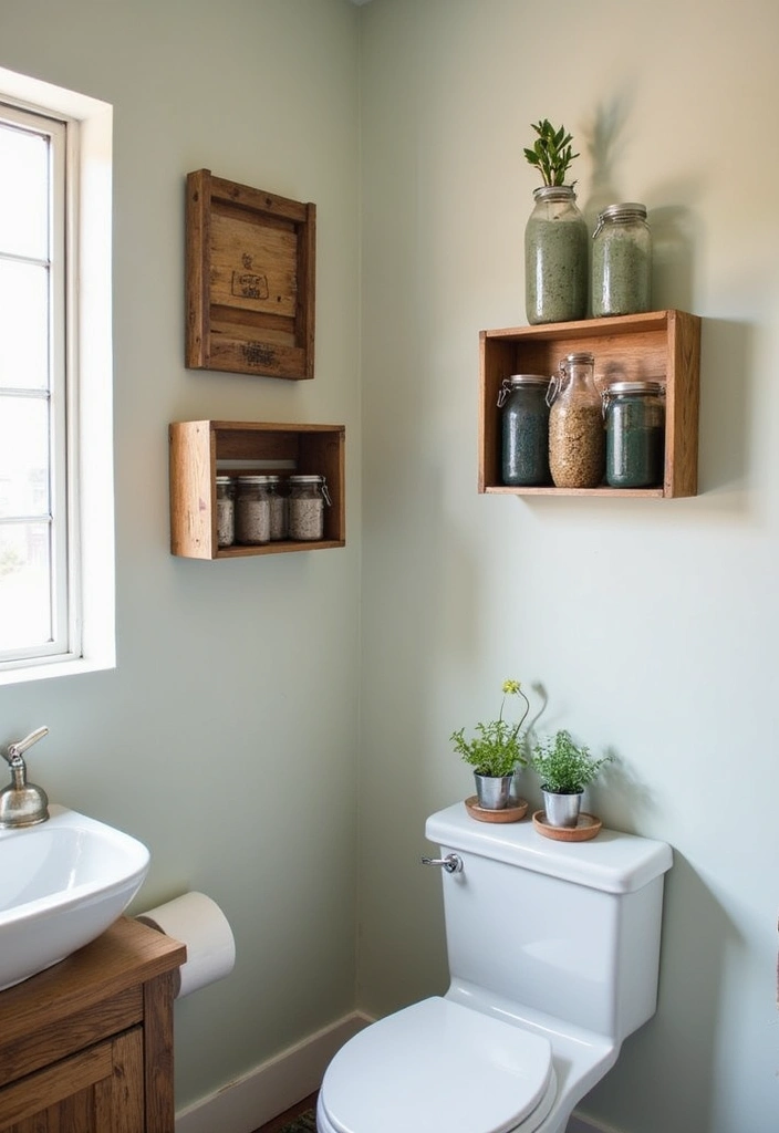 painted mason jars and repurposed crate shelves