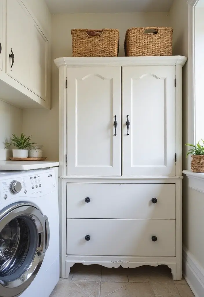 painted vintage dresser as laundry station