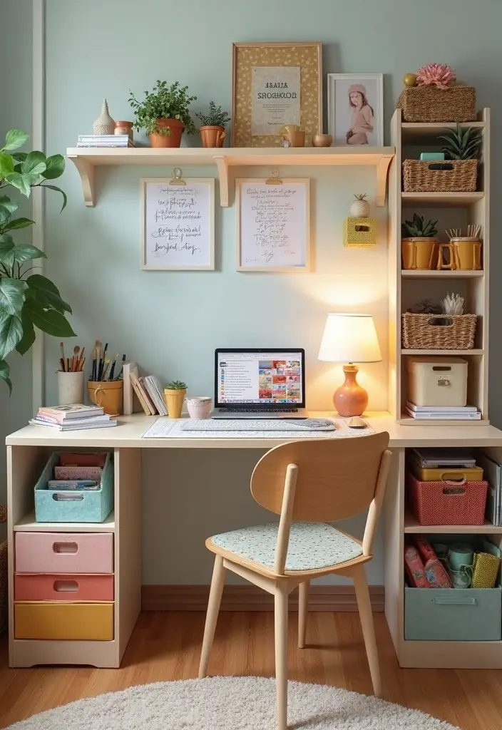 pastel baskets and clear jars on desk