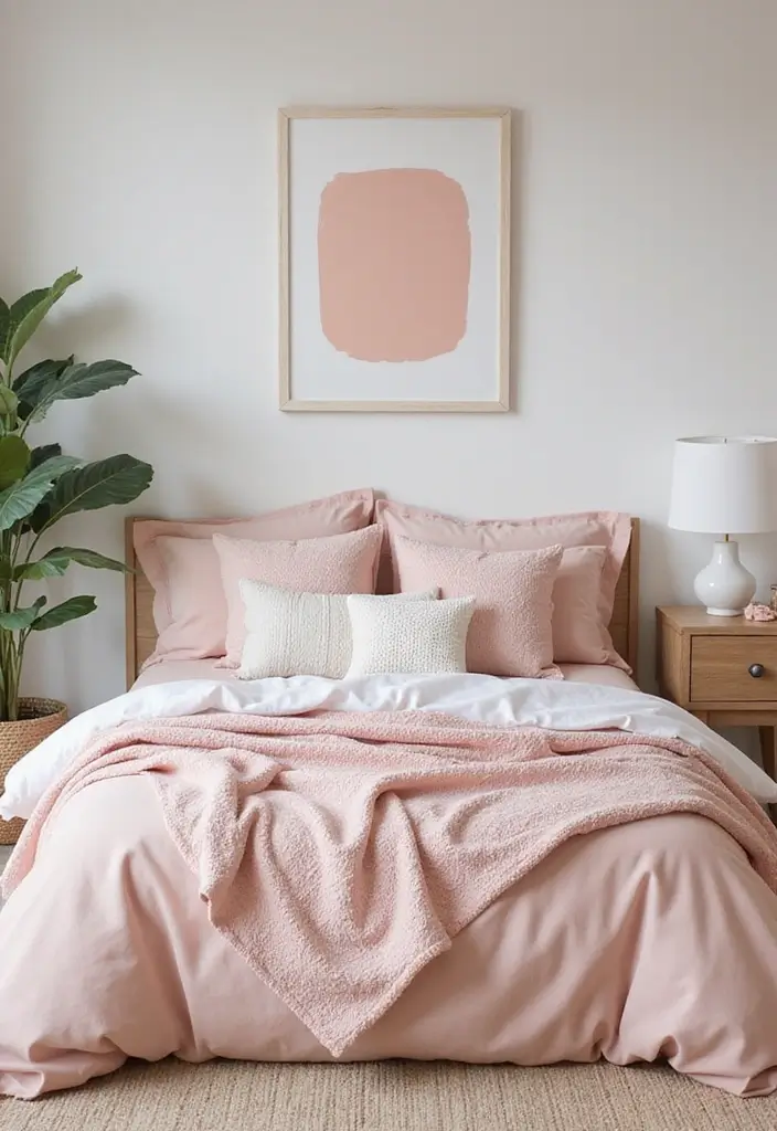 pastel pink and mint bedding with floral pillows