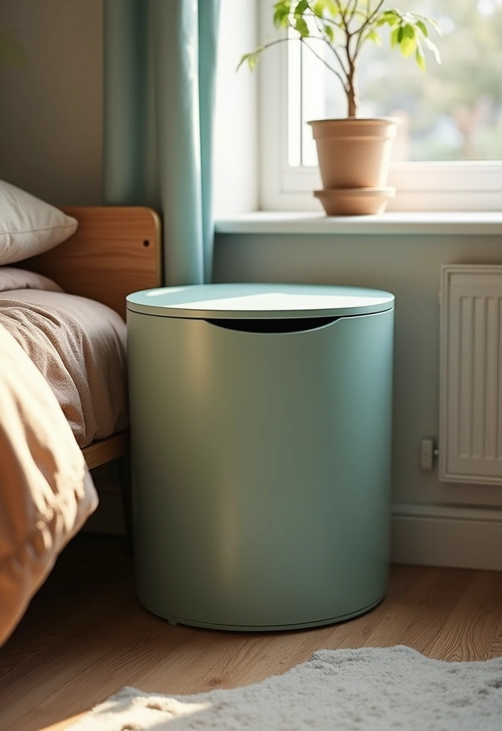 patterned waste bin matching room decor beside desk