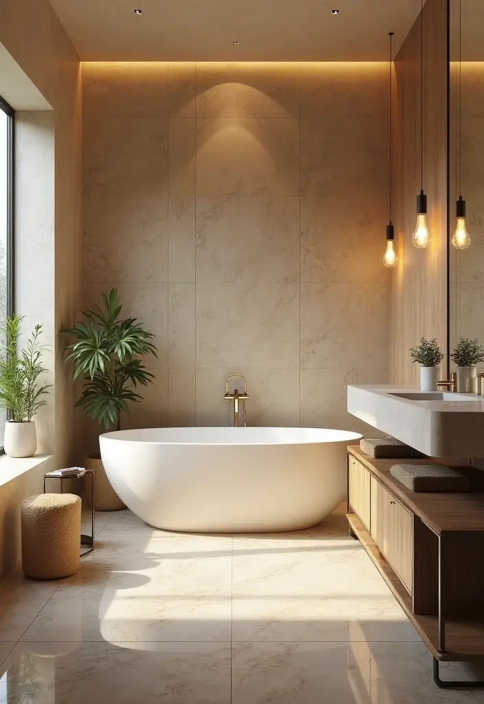 peaceful spa style small bathroom with plants and soft light