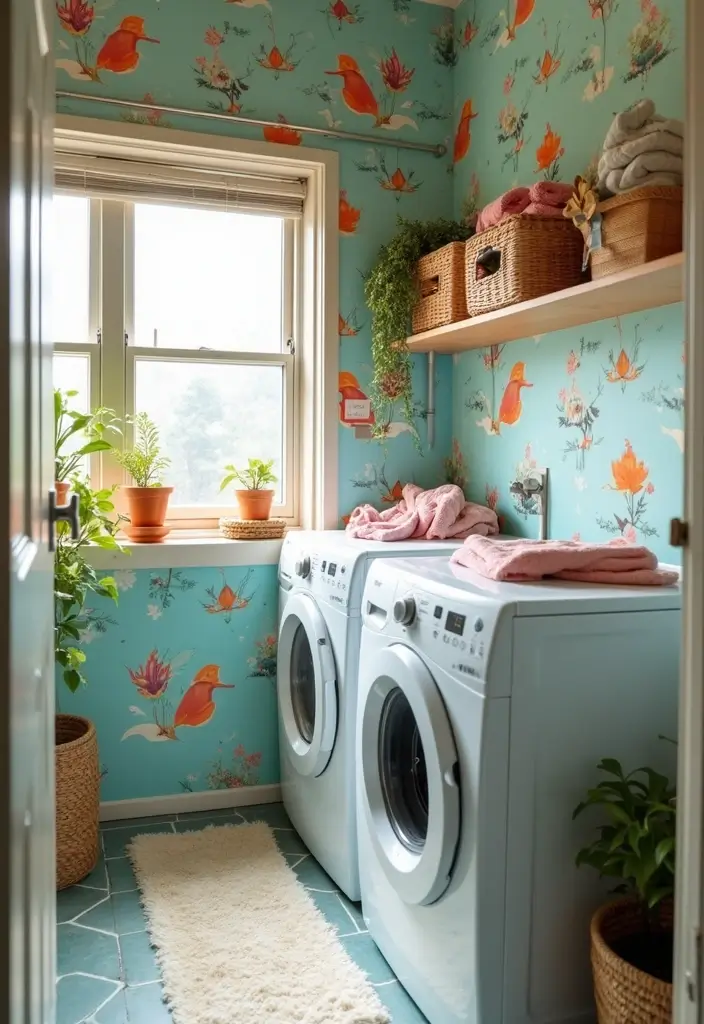 peel and stick wallpaper in small laundry room