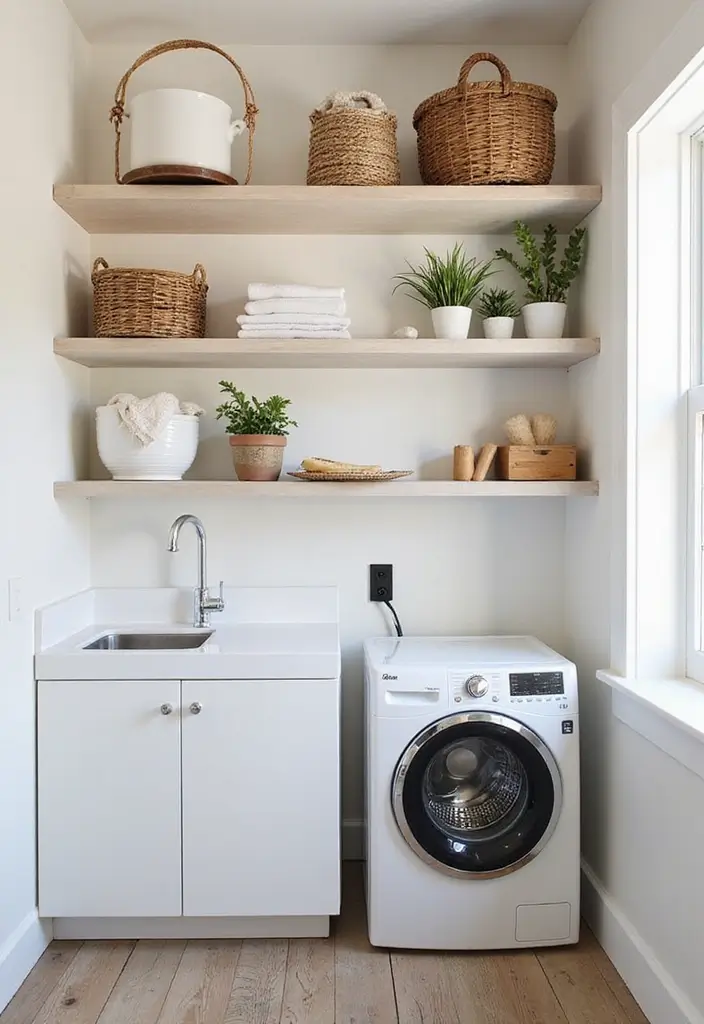 pegboard and slim cabinet using narrow wall gap for storage