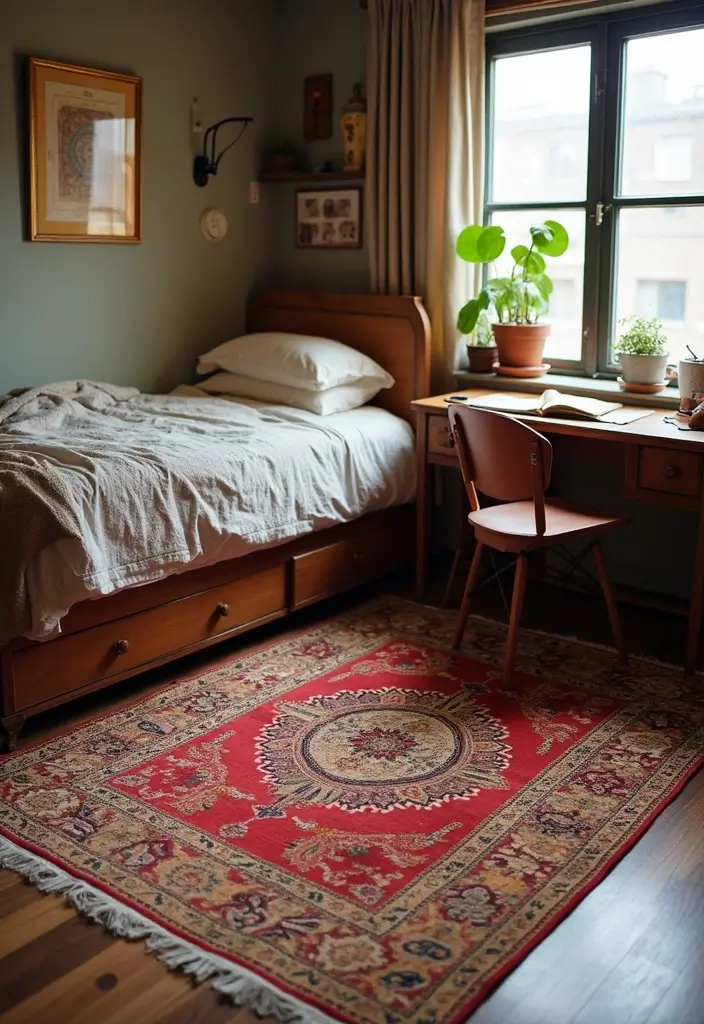 persian style vintage rug on dorm floor under bed