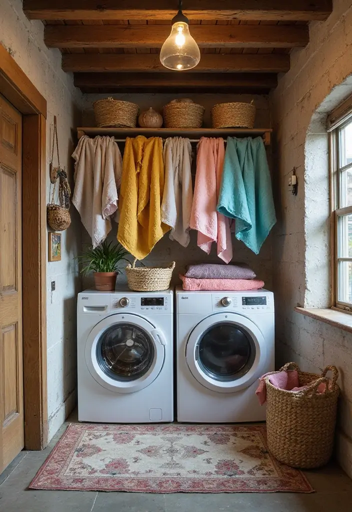 plaid towels and woven rug