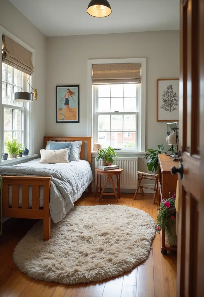 plush shag rug anchoring bed and study area on floor