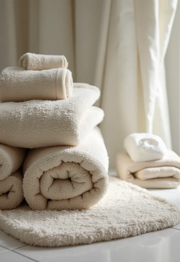 plush white towels and textured bath mat on wooden floor
