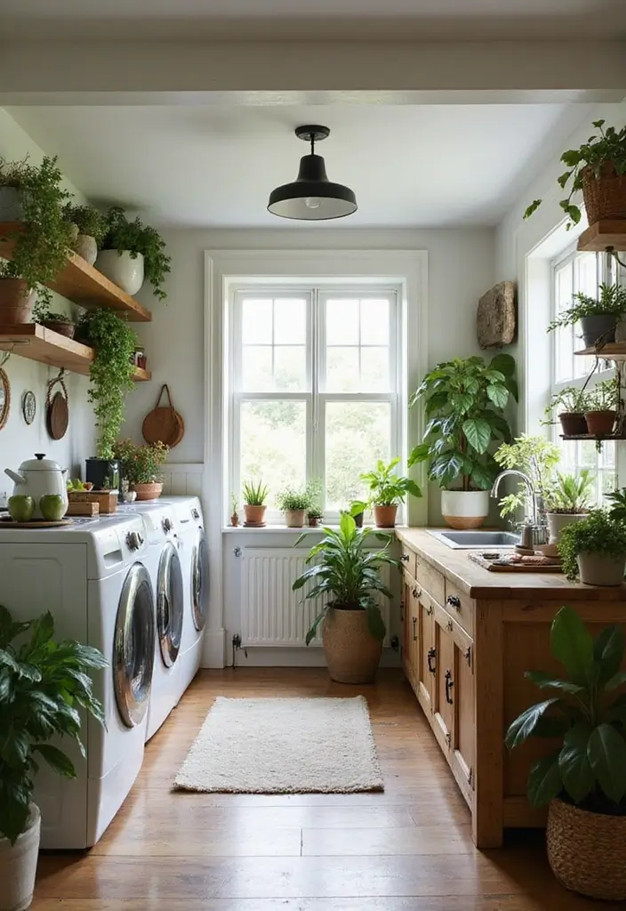 potted plants and wooden crates adding greenery to farmhouse laundry room