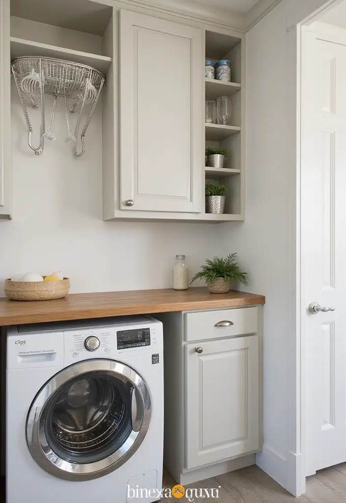 pull-down drying racks mounted under upper cabinets above folding counter
