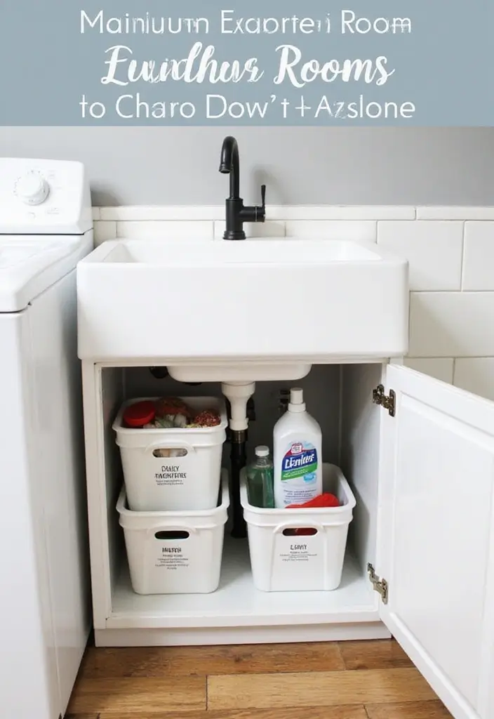 pull-out drawers and organizers under farmhouse laundry sink