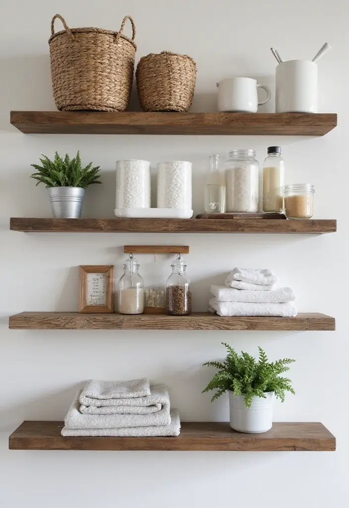 reclaimed wood floating shelves above washer