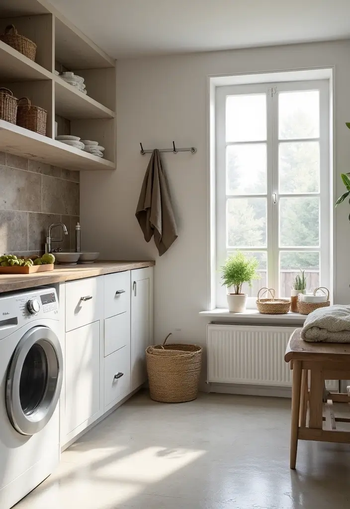 retractable clothesline and foldable wooden drying rack in small laundry