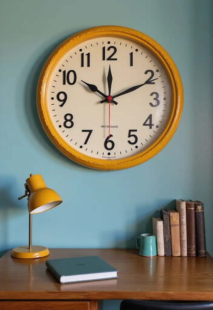retro sunburst wall clock above desk in dorm