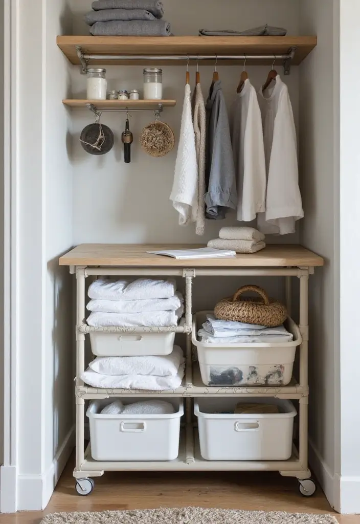 rolling cart with sorted laundry bins
