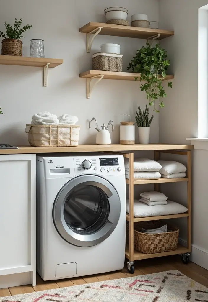 rolling three-tier metal cart loaded with laundry supplies
