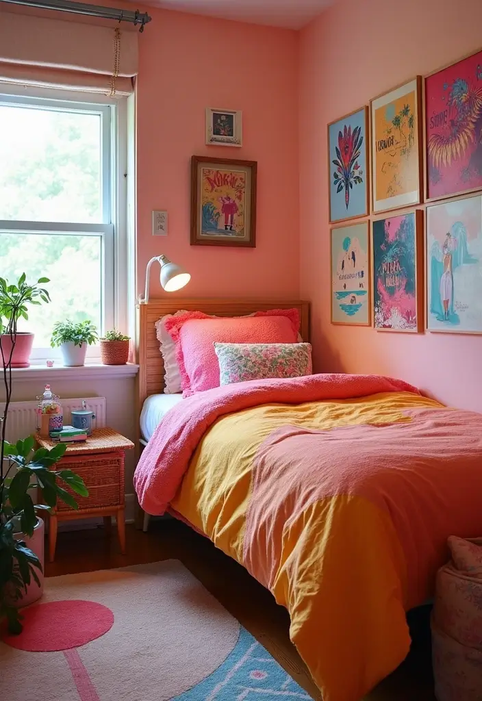 room with blush pink pillows, rug, and matching wall accents