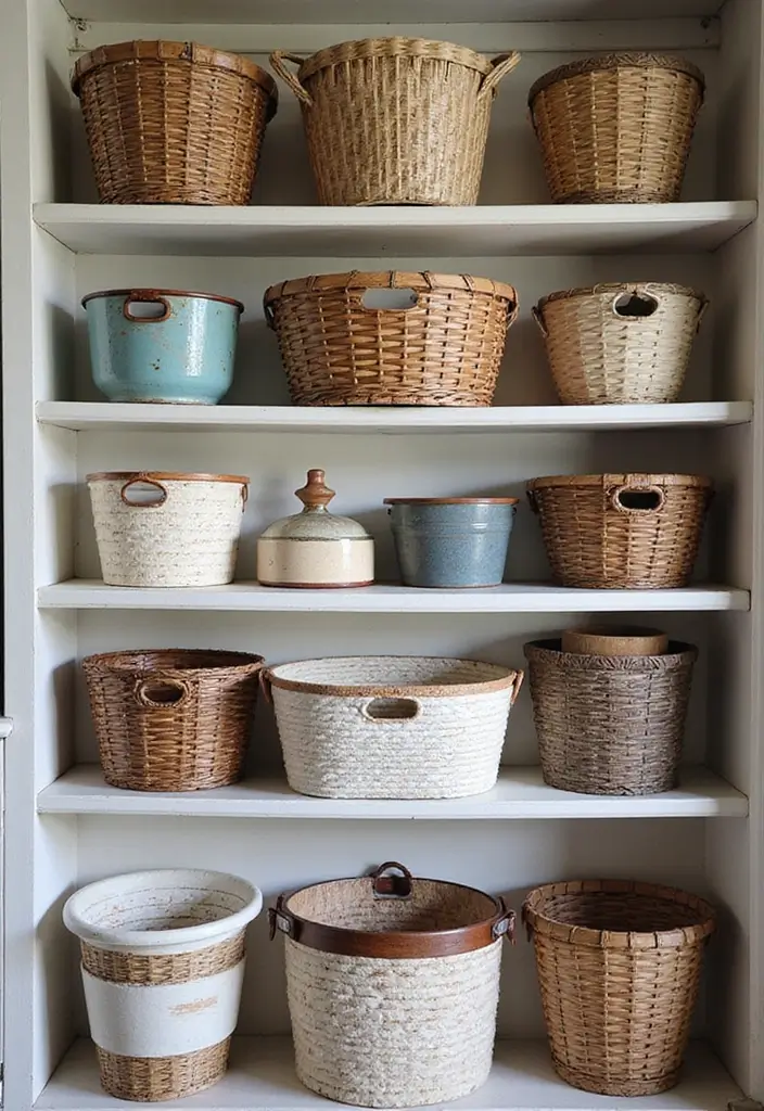 row of vintage wicker and wire baskets on wooden shelf for laundry sorting