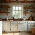 rustic laundry room with wood shelves and baskets
