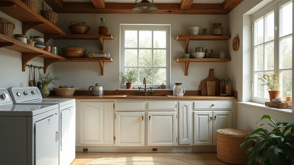 rustic laundry room with wood shelves and baskets