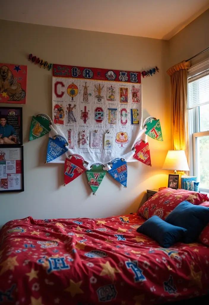 school colors and memorabilia in dorm