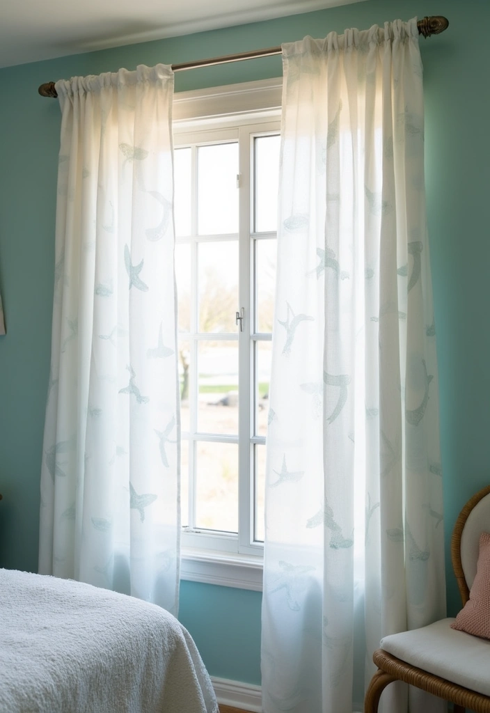 sheer blue curtains at window