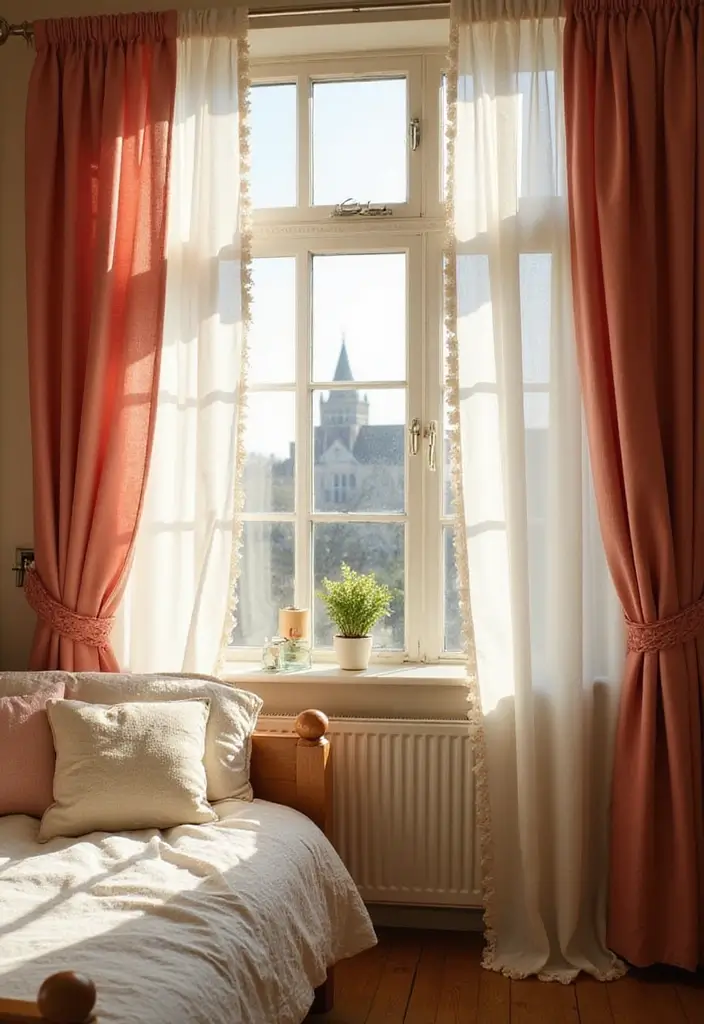 sheer blush curtains with lace tiebacks