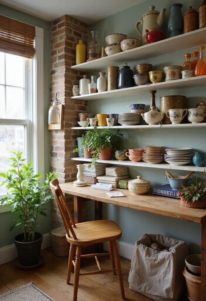 shelf displaying mismatched vintage plates and teacups