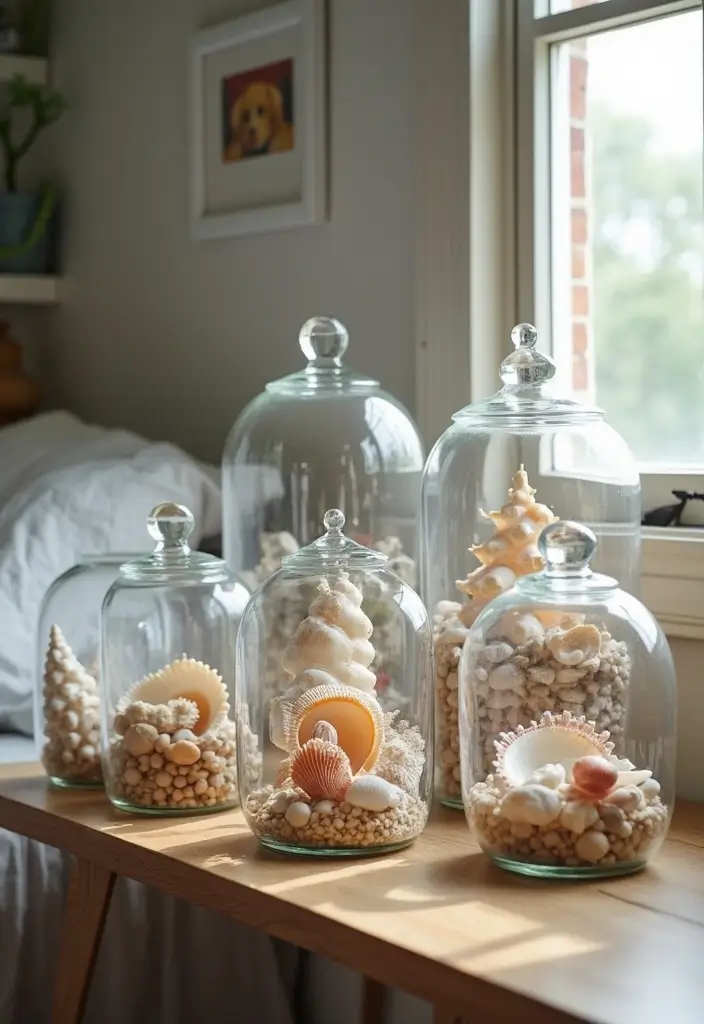 shells in glass jar on windowsill