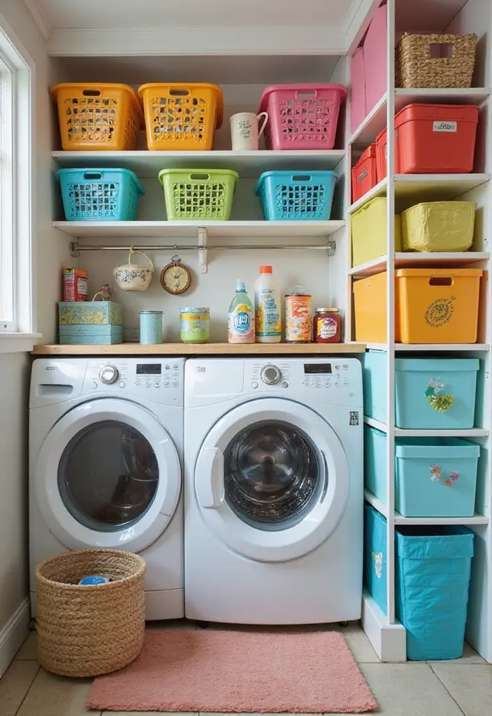 shelves with color coded bins for supplies