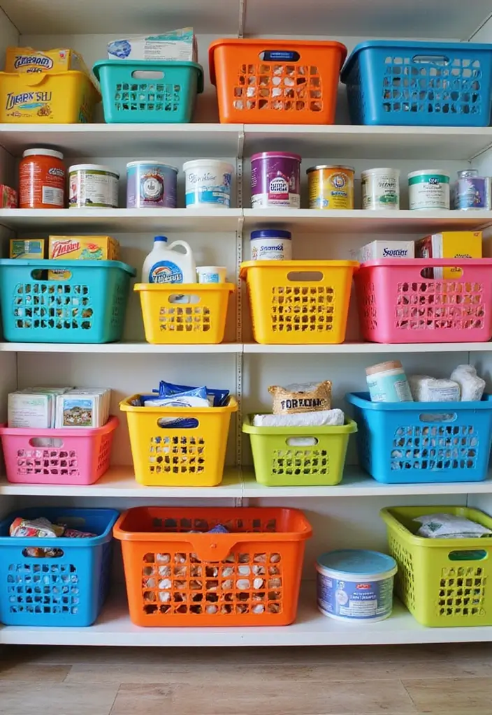 shelves with colorful labeled bins for whites, colors, delicates, and towels