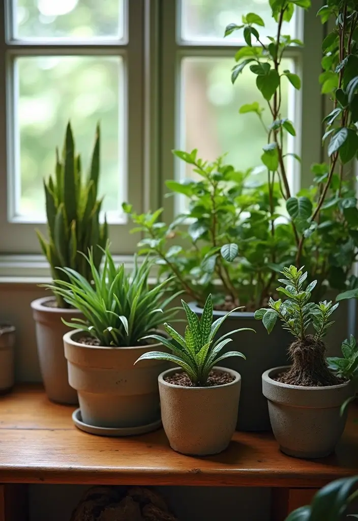 shelves with plants in vintage pots teacups and tins