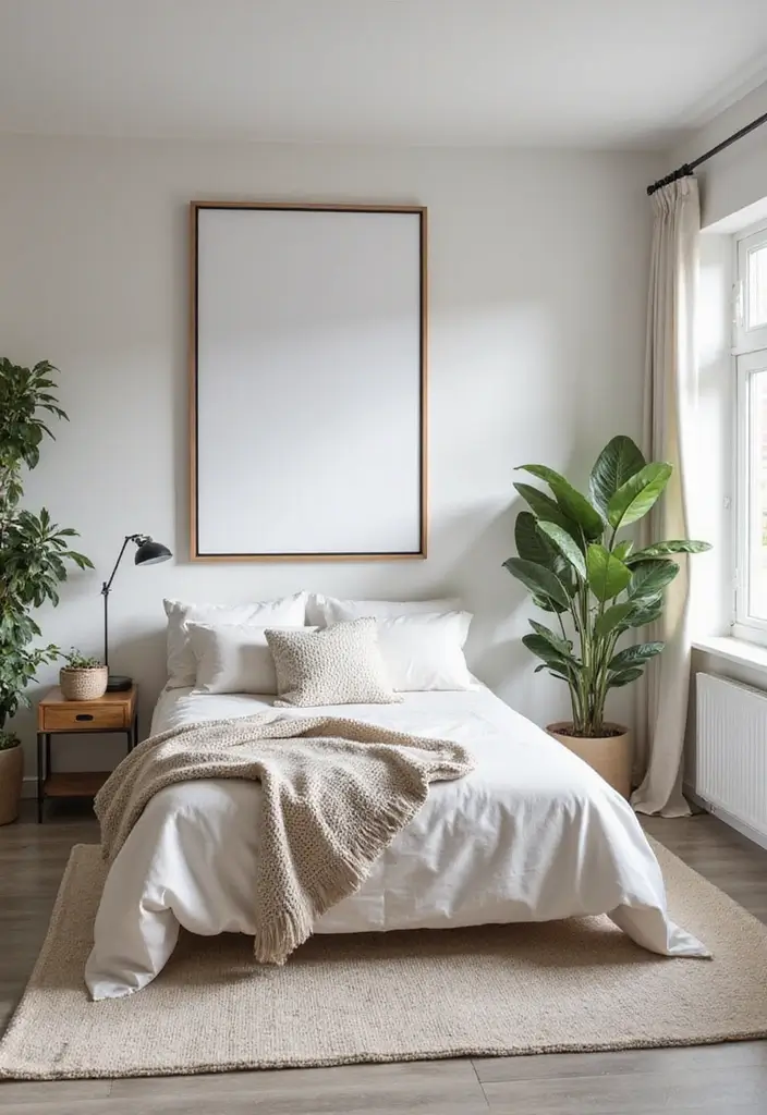 single large art print above bed with one small potted plant on nightstand