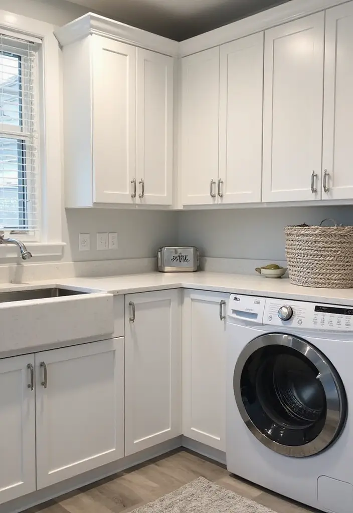 sleek white cabinets with pull-out drawers above washer and dryer