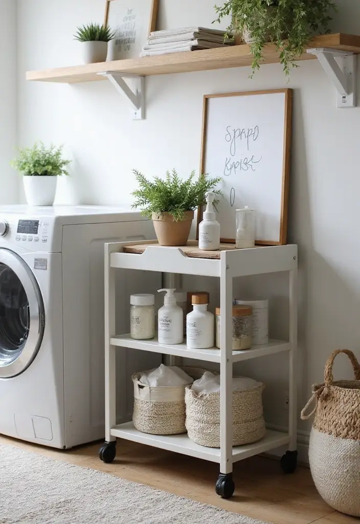 slim rolling cart with shelves holding detergent pods and cleaning supplies
