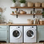 small laundry room with bright decor and smart storage