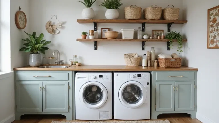 small laundry room with bright decor and smart storage
