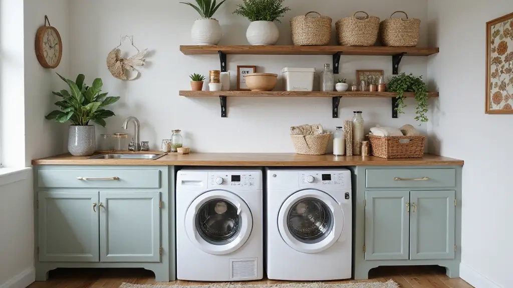 small laundry room with bright decor and smart storage