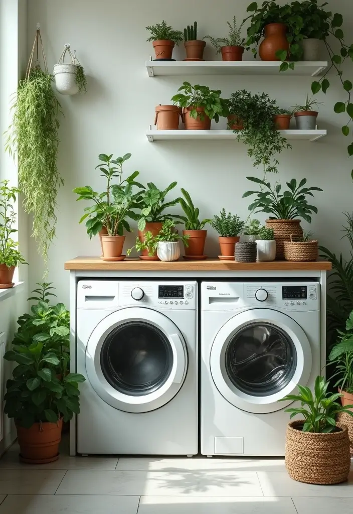 small plants and succulents on laundry shelf