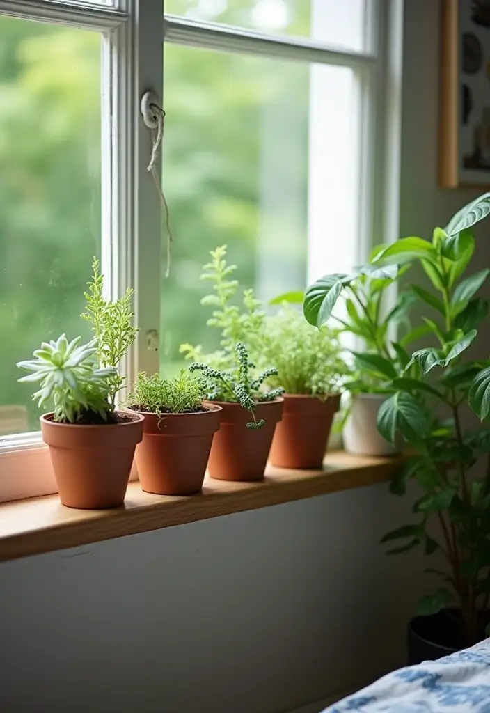 small plants on dorm windowsill