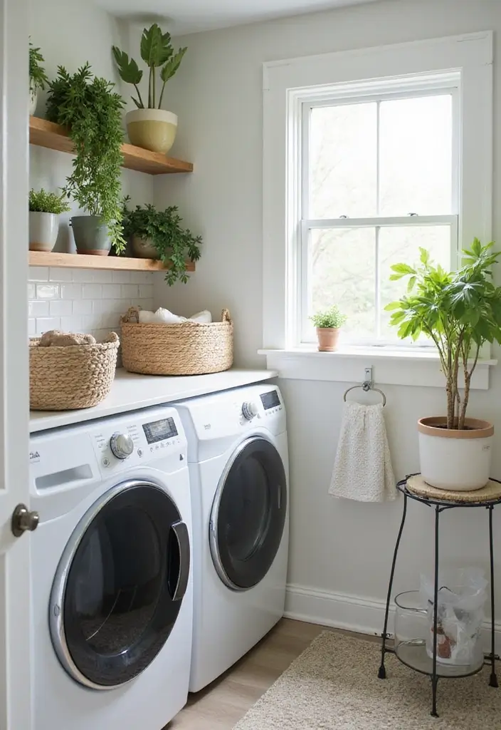 small plants on shelf in laundry room