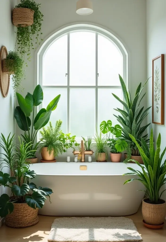 small potted plants on bathroom shelf and windowsill