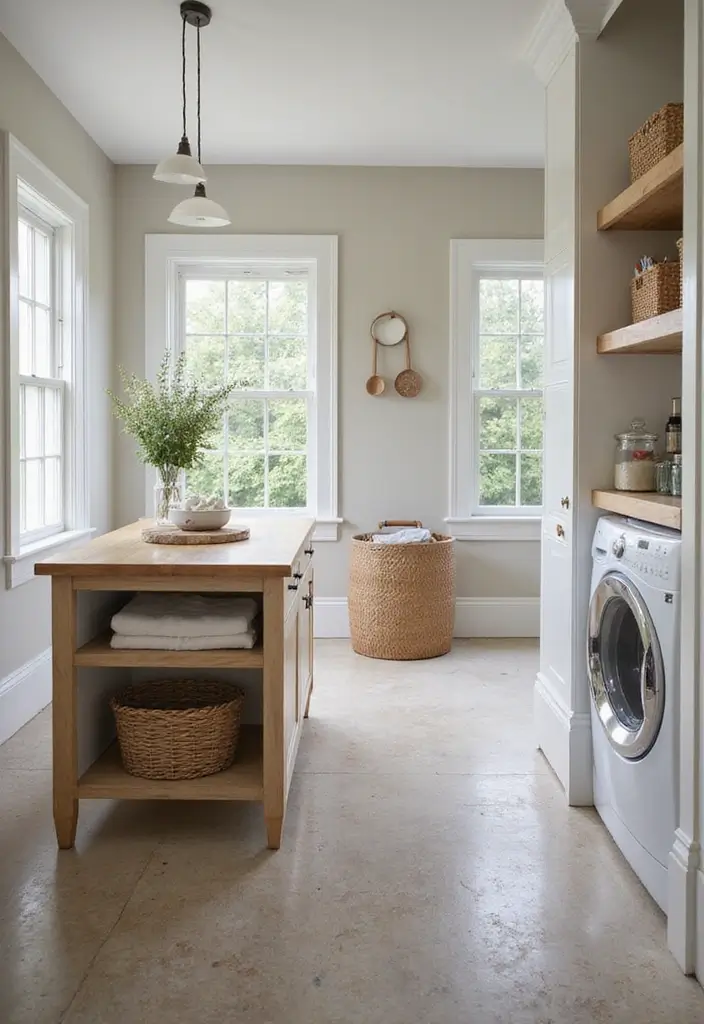 small white island with built-in hampers in the middle of a laundry room