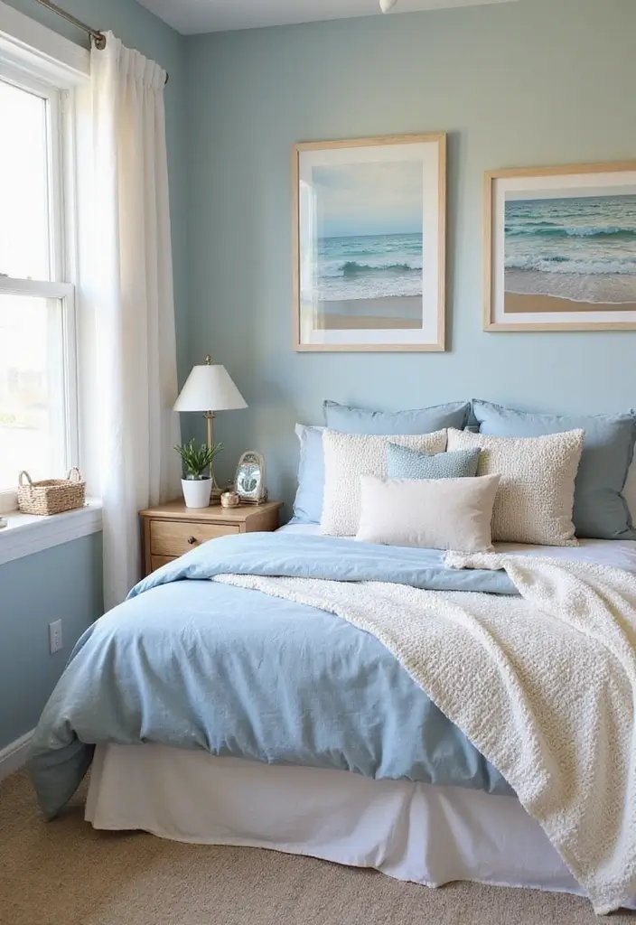 soft blue and beige bedding and walls